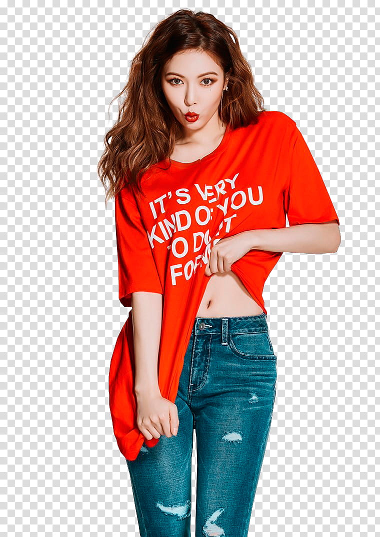 HYUNA, woman wearing red crew-neck t-shirt and blue denim fitted pants transparent background PNG clipart