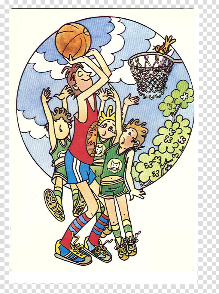 SET Postcards part, four men playing basketball illustration transparent background PNG clipart