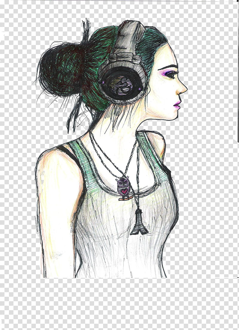 Munecas, sketch of woman wearing headphones transparent background PNG clipart