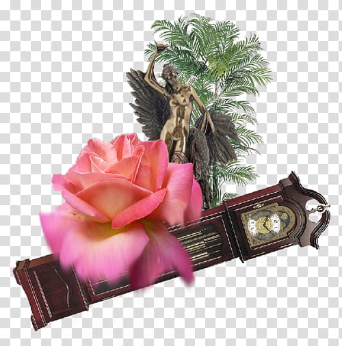 III, brown grandfathers clock and pink petaled flower transparent background PNG clipart