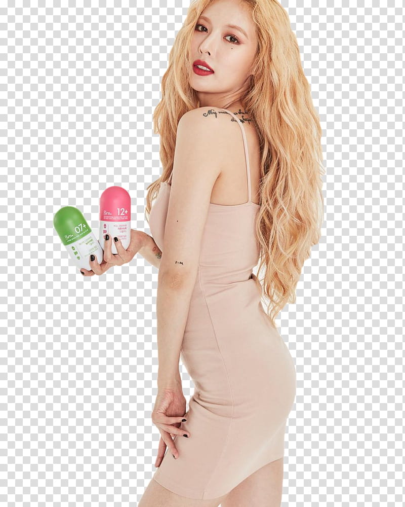 Hyuna Grn Blonde Hair Woman Holding Two Pink And Green Bottles