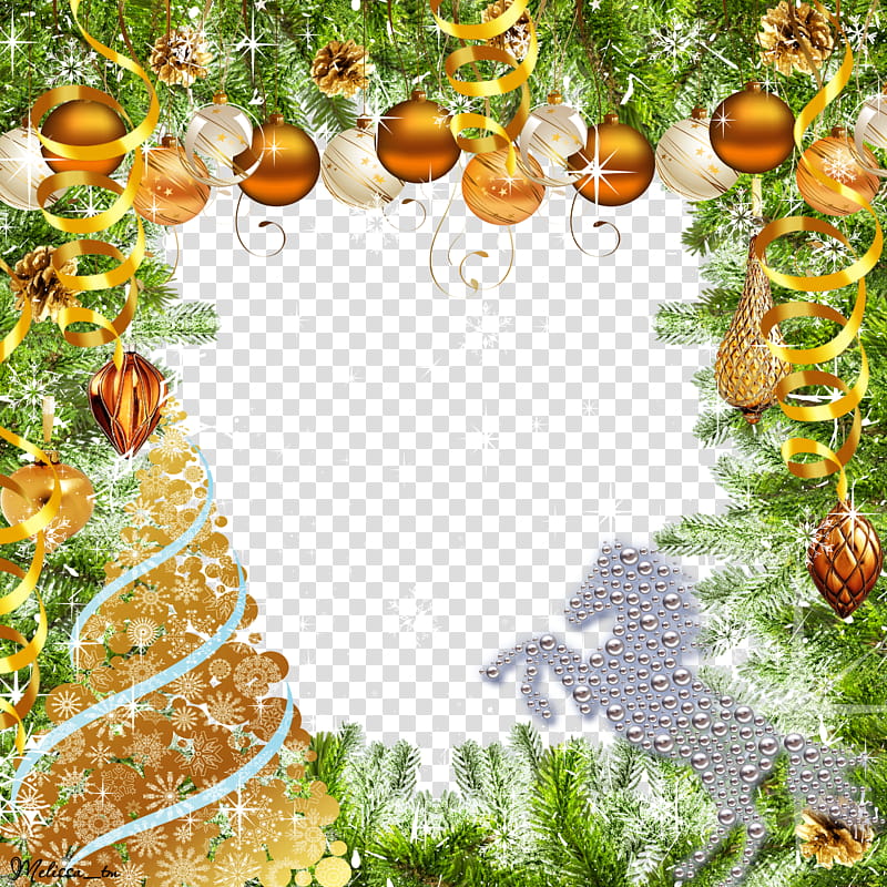 new year frame with horse, baubles and christmas tree transparent background PNG clipart