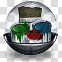 Sphere   , three assorted-color paint cans and silver paint brush ] transparent background PNG clipart