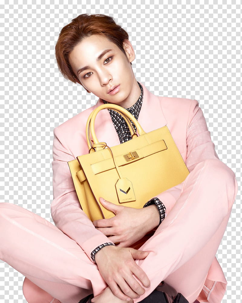 SHINee KEY P, man holding yellow leather tote bag transparent background PNG clipart