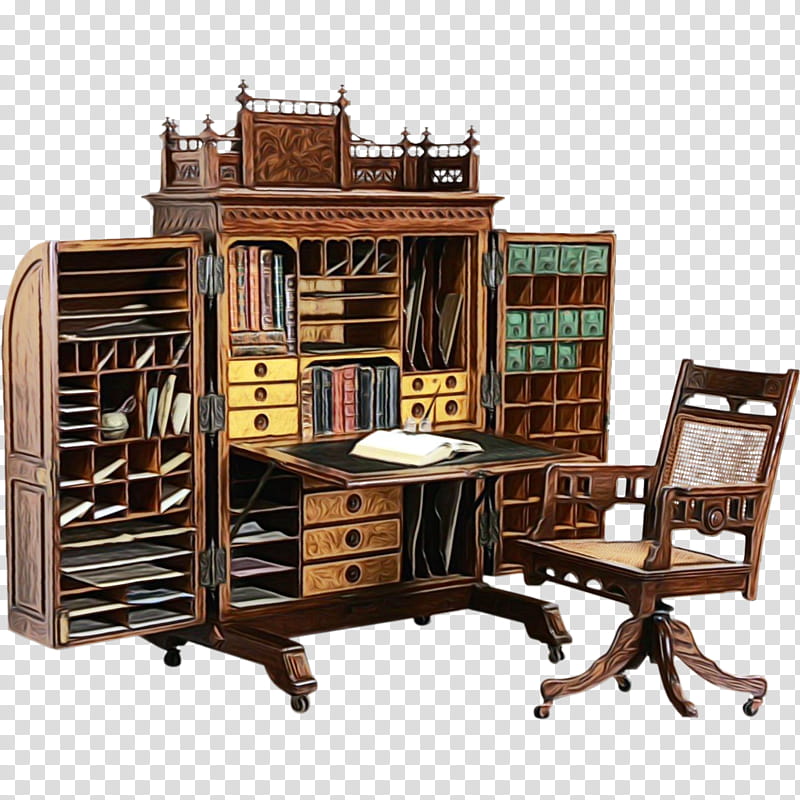 furniture desk hutch room table, Watercolor, Paint, Wet Ink, Bookcase, Wood, Chair, Shelving transparent background PNG clipart