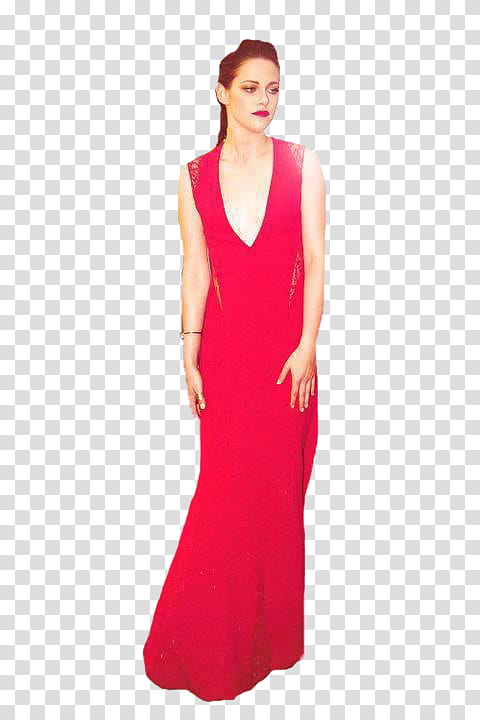 Kristen Stewart, standing woman wearing red plunging neckline sleeveless dress transparent background PNG clipart