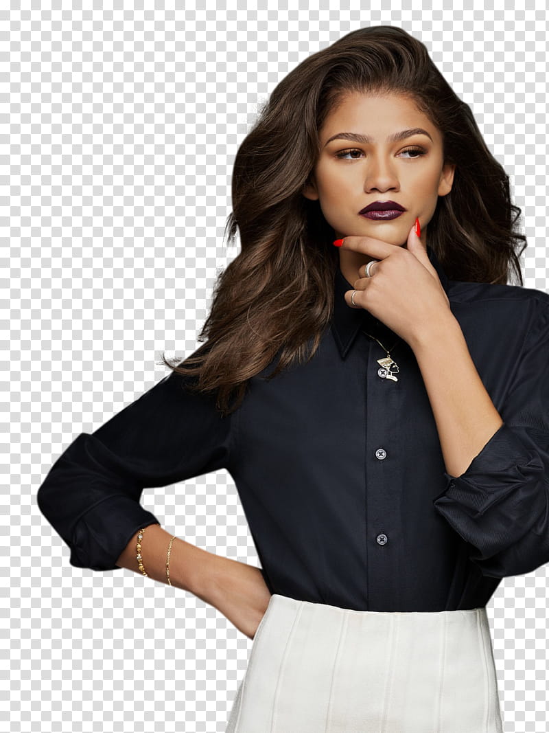 Zendaya Coleman, woman wearing button-up dress shirt standing while holding her chin transparent background PNG clipart