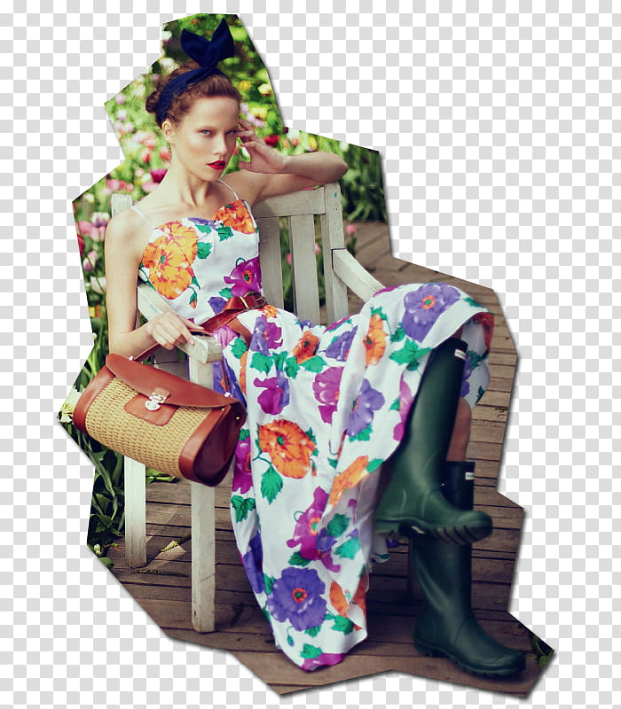 cosmo fashion, woman in floral spaghetti strap maxi dress sitting on white wooden armchair holding brown leather bag transparent background PNG clipart