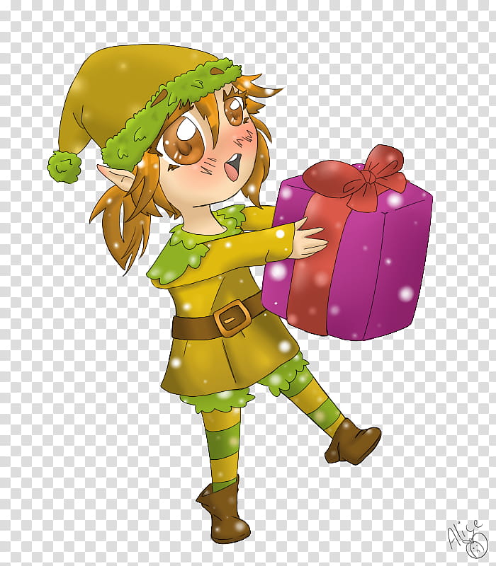 Christmas elf colored, elf holding purple gift box transparent background PNG clipart