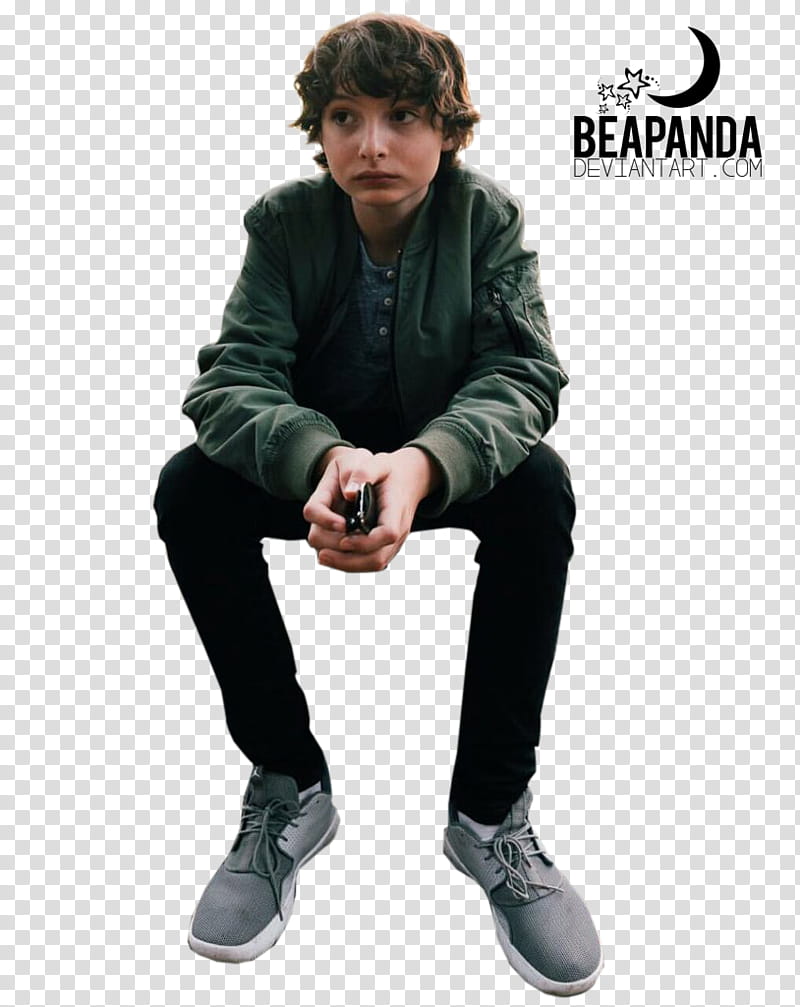 Finn Wolfhard, boy wearing green jacket with text overlay transparent background PNG clipart