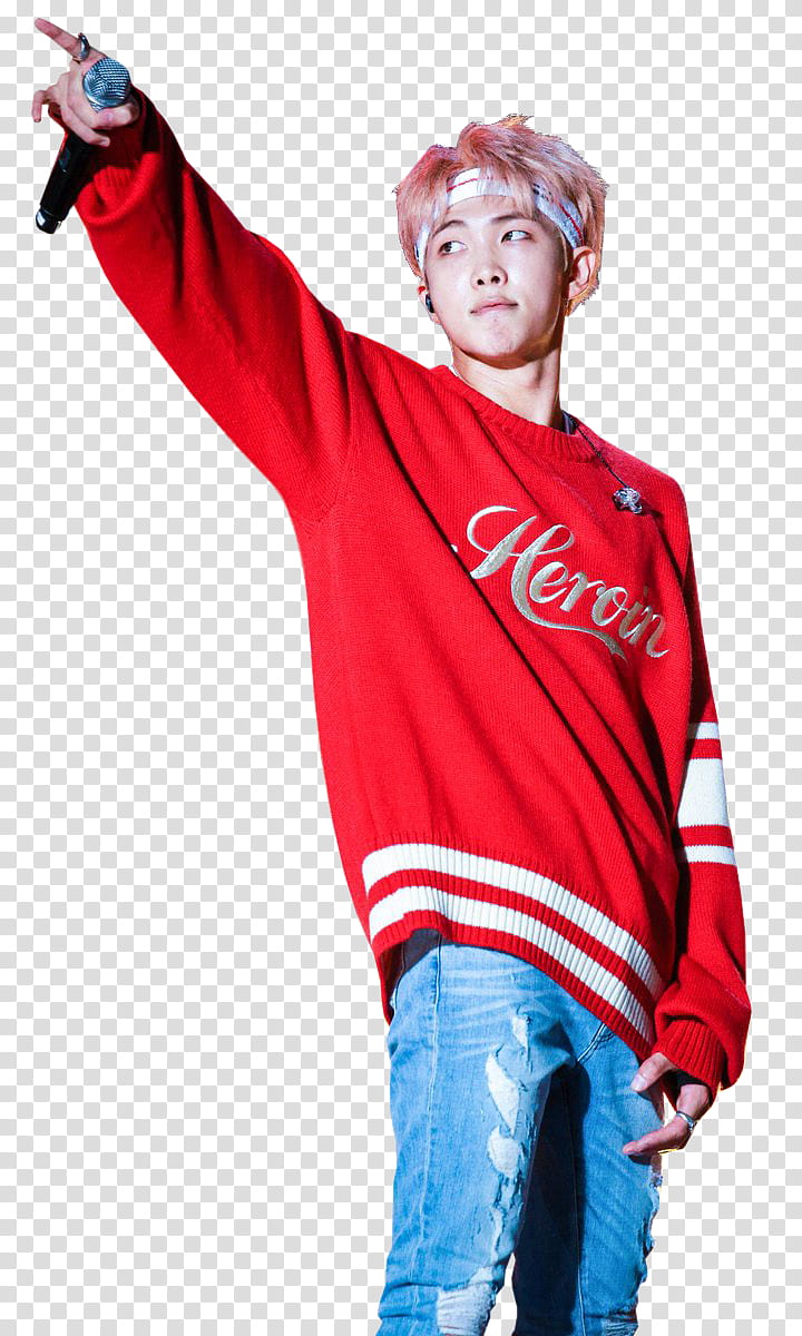 Rap Monster  WrappedInPolythene, men's red and white crew-neck sweater transparent background PNG clipart