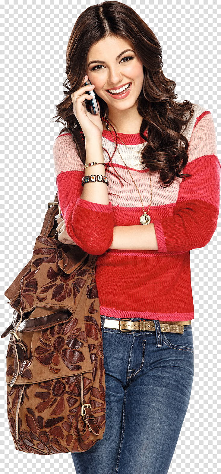 Victoria Justice, smiling woman holding smartphone with leather shoulder bag transparent background PNG clipart