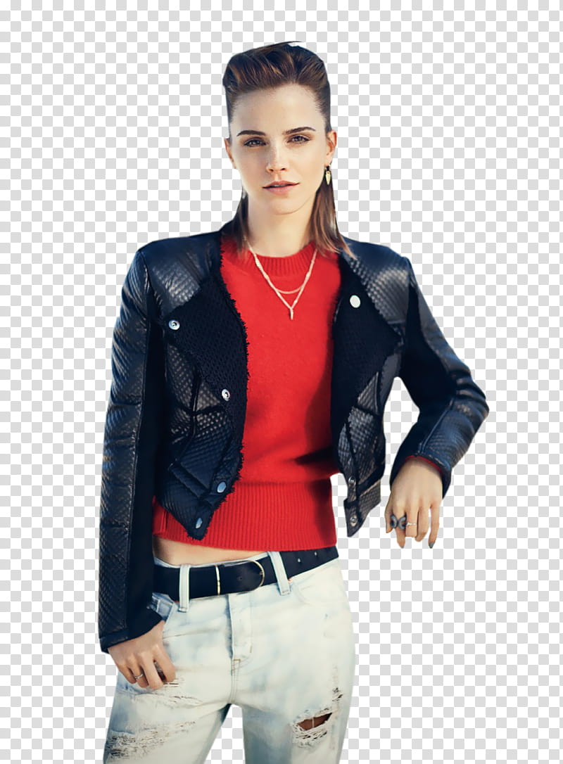 Emma Watson, woman wearing red top and black leather jacket transparent background PNG clipart
