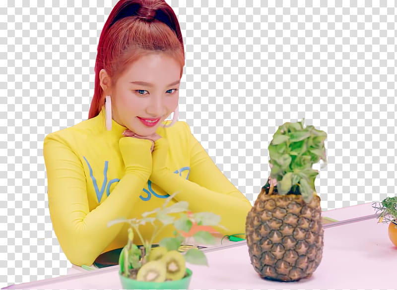 Red Velvet Power Up MV, women in yellow top sitting front of pineapple transparent background PNG clipart
