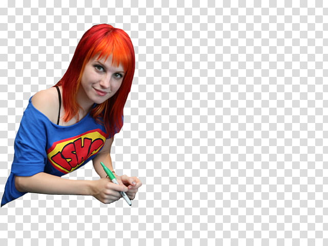 Hayley s, Hayley Williams in blue one-shoulder shirt holding white and green pen transparent background PNG clipart