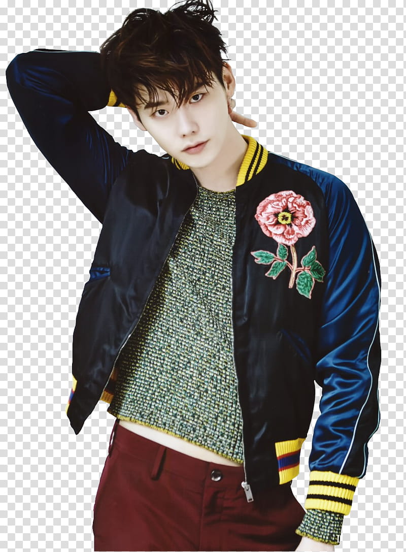 O Lee Jong Suk , man in blue and yellow flower-printed letterman jacket transparent background PNG clipart