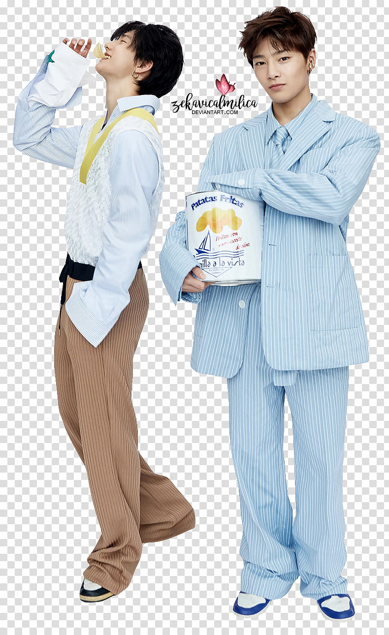 Stray Kids Hyunjin and I N DAZED, two men standing while holding chip can transparent background PNG clipart