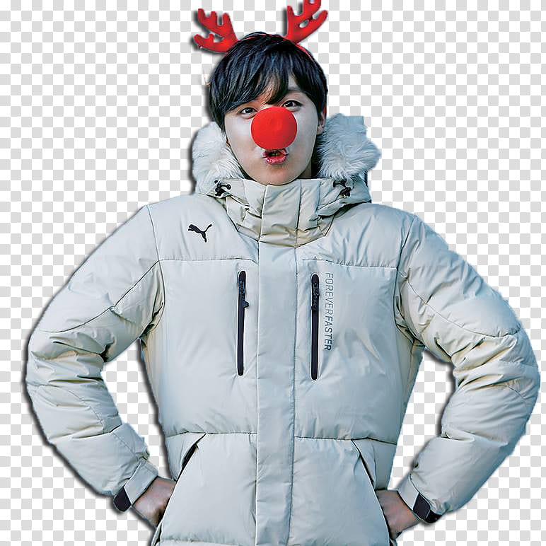 BTS, man in white winter jacket wearing red deer costume transparent background PNG clipart