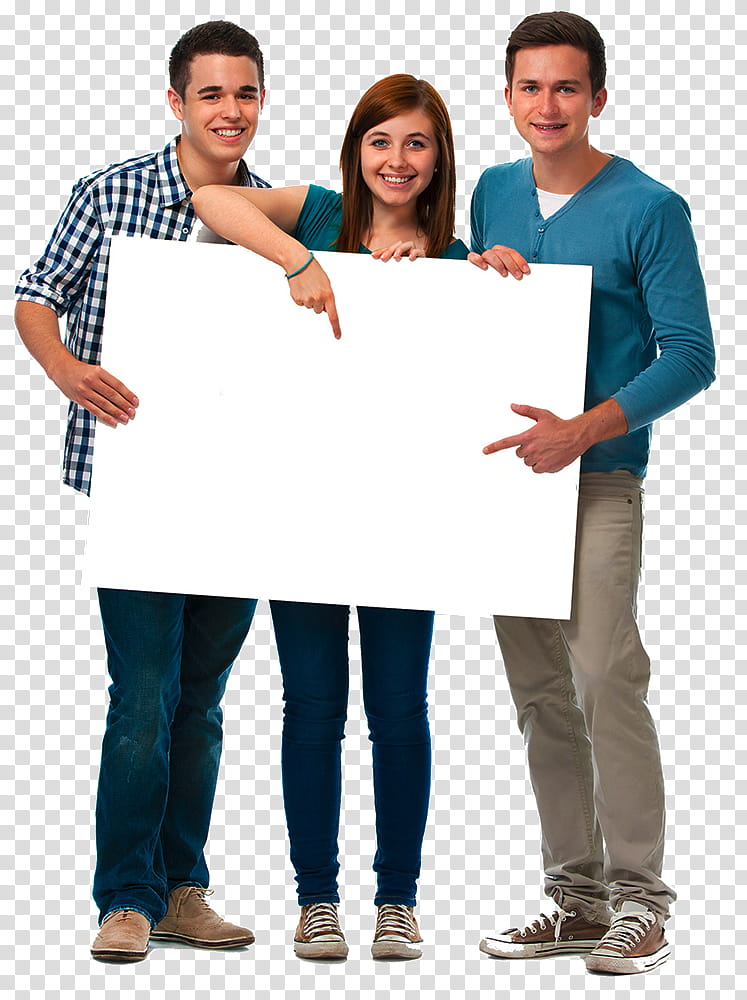 Threesome taking a poster, three person holding blank board transparent background PNG clipart