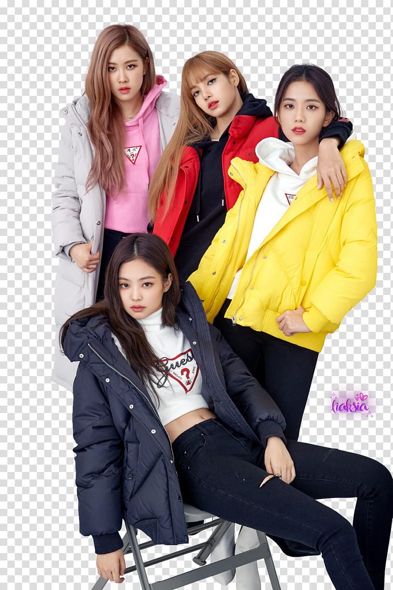 four BlackPink members wearing zip-up hoodies transparent background PNG clipart