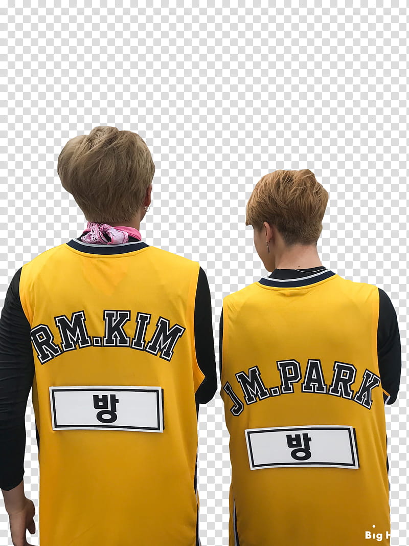 BTS Summer age in Saipan, RM. Kim and JM Park standing while wearing yellow jersey shirts transparent background PNG clipart
