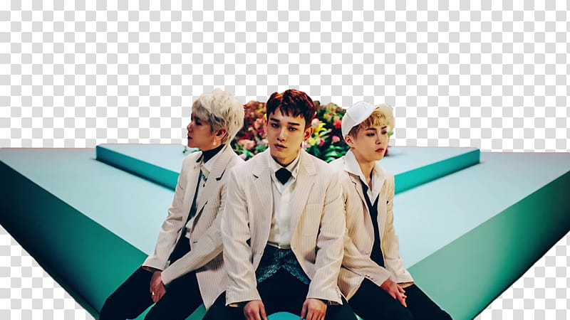 EXO CBX Blooming Day MV, EXO members sitting on green stage transparent background PNG clipart