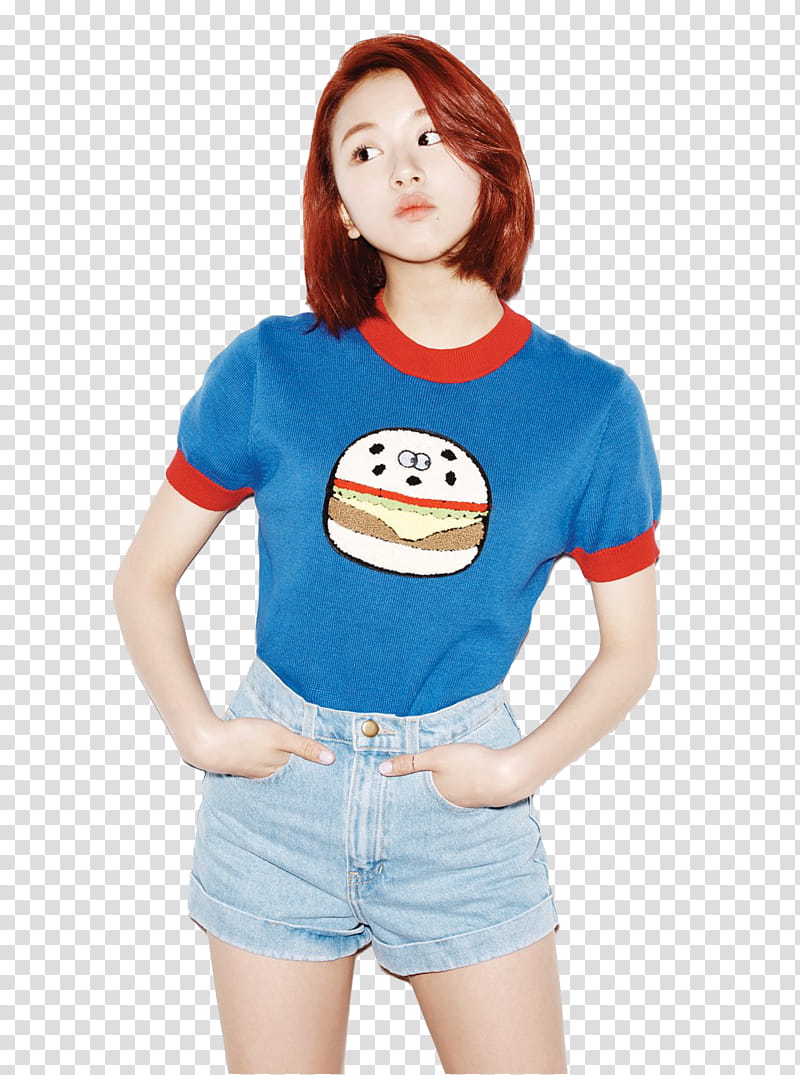 TWICE , woman wearing blue and red crew-neck t-shirt and blue denim shorts transparent background PNG clipart