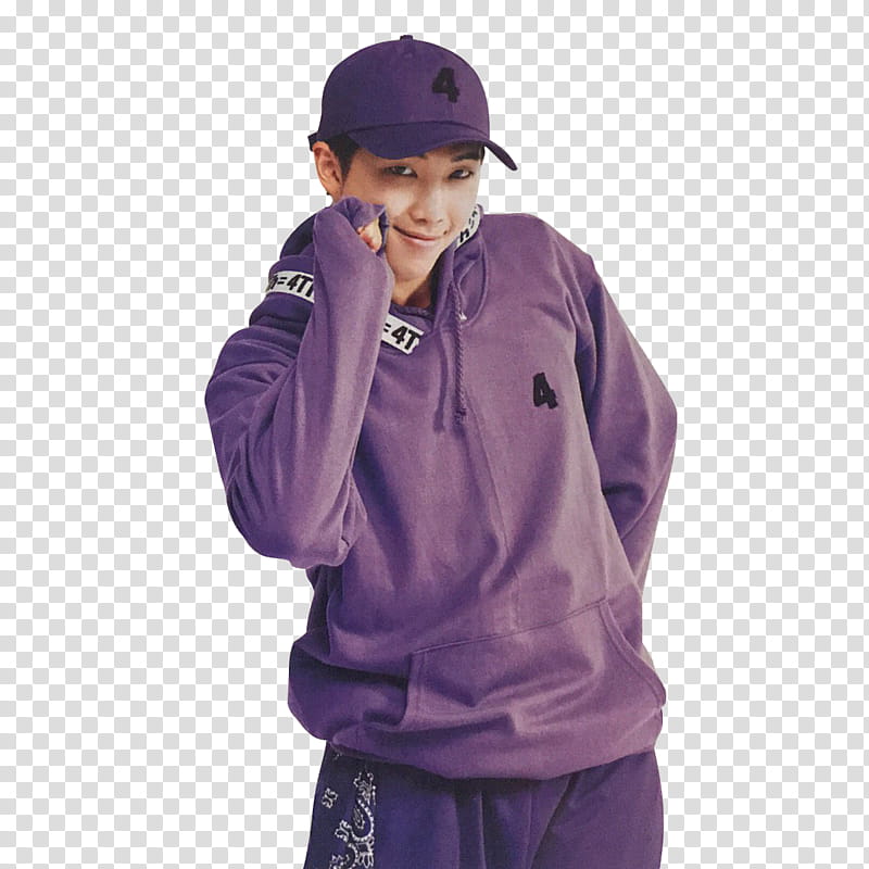 RM , smiling man wearing purple jacket, pants, and baseball cap transparent background PNG clipart