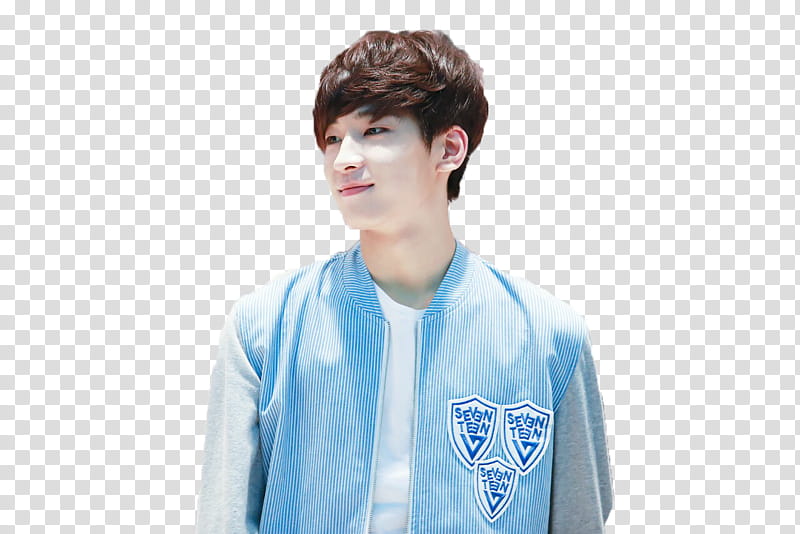 Wonwoo Mingyu, man wearing blue jacket over white shirt and smiling transparent background PNG clipart