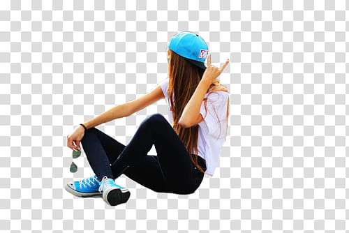 Chicas, woman wearing white shirt, blue cap, and black denim jeans transparent background PNG clipart