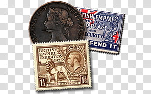 Steampunk Icon Set in format, exhibitionpennyhalfpenny, two white and blue postage stamps and round silver-colored coin transparent background PNG clipart thumbnail