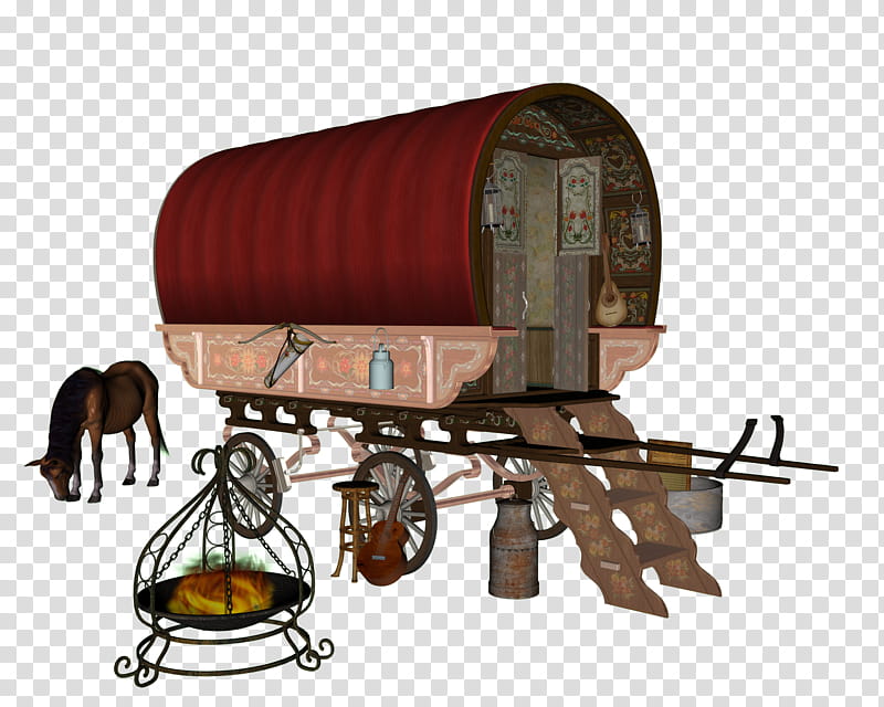 Gypsy Camp, bandwagon, fire pit, and horse illustration transparent background PNG clipart