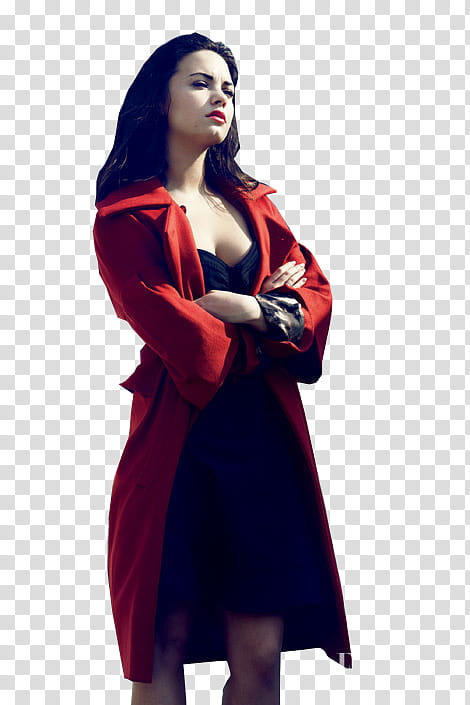 Demi Lovato, woman wearing red coat standing while doing cross hand transparent background PNG clipart