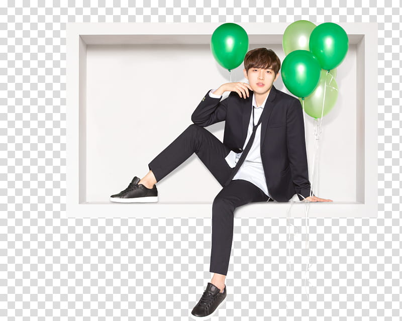 WANNA ONE X Ivy Club P, sitting man beside green latex balloons transparent background PNG clipart