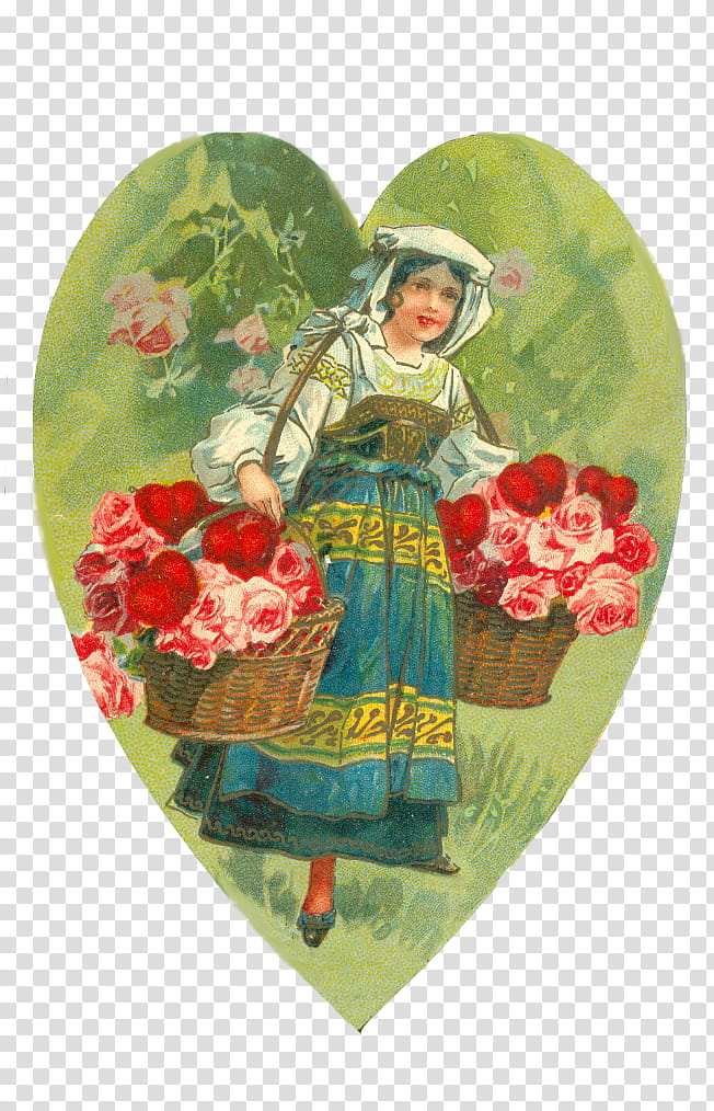 Vintage valentines clips, woman carrying flowers transparent background PNG clipart