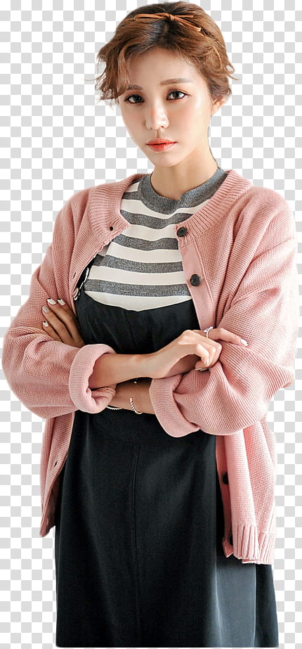 standing woman wearing pink button-up cardigan crossing hands transparent background PNG clipart