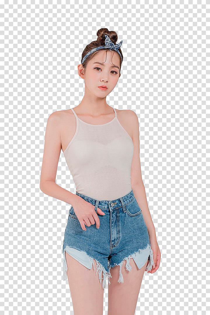 CHAE EUN, standing woman holding shorts pocket transparent background PNG clipart