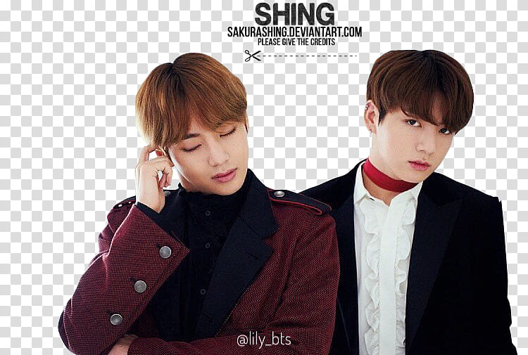 SPECIAL TAEKOOK, two BTS members with Shing text overlay transparent background PNG clipart