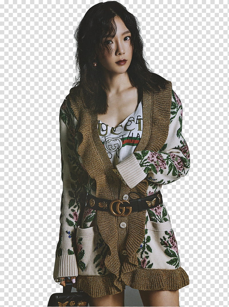 SNSD W Korea, woman wearing green and white dress with black Gucci belt transparent background PNG clipart