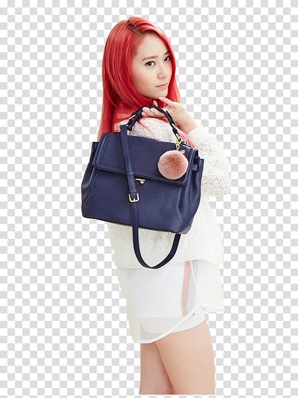 Krystal Jung F x Minminnielee, woman holding blue two-way bag transparent background PNG clipart
