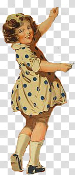 Vintage, girl in beige and blue polka-dot dress dancing transparent background PNG clipart