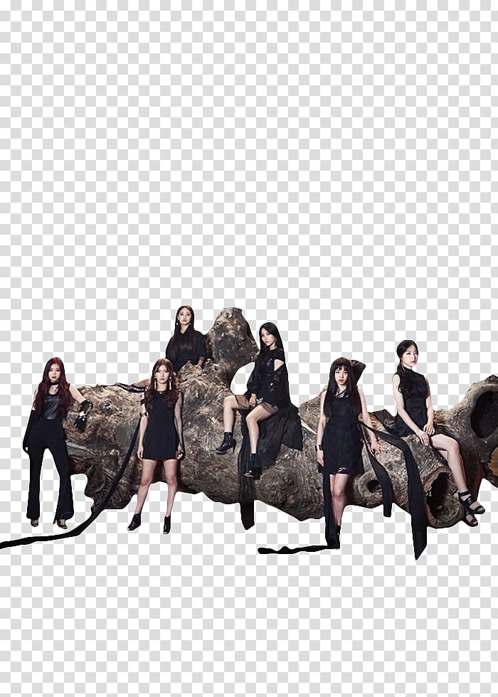 G IDLE HANN, six women in black suits sitting on brown log transparent background PNG clipart