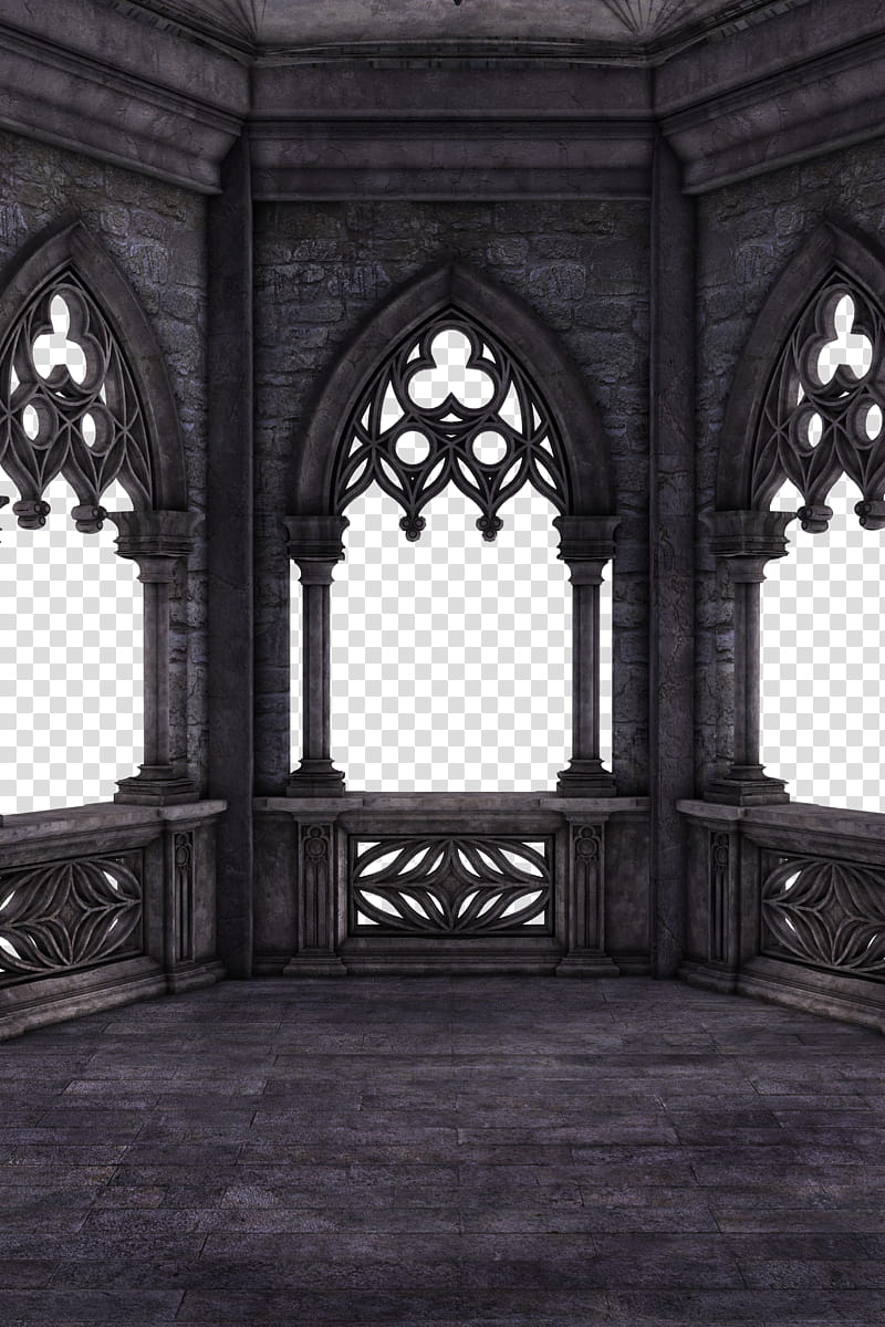 RESTRICTED Dark Gothic Balcony , gray concrete building arch windows transparent background PNG clipart