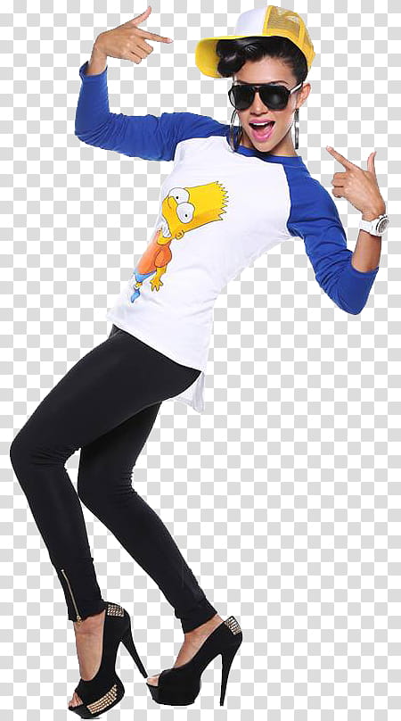 Diana Sanchez, woman wearing blue and white Bart Simpson-printed long-sleeved shirt and black leggings transparent background PNG clipart
