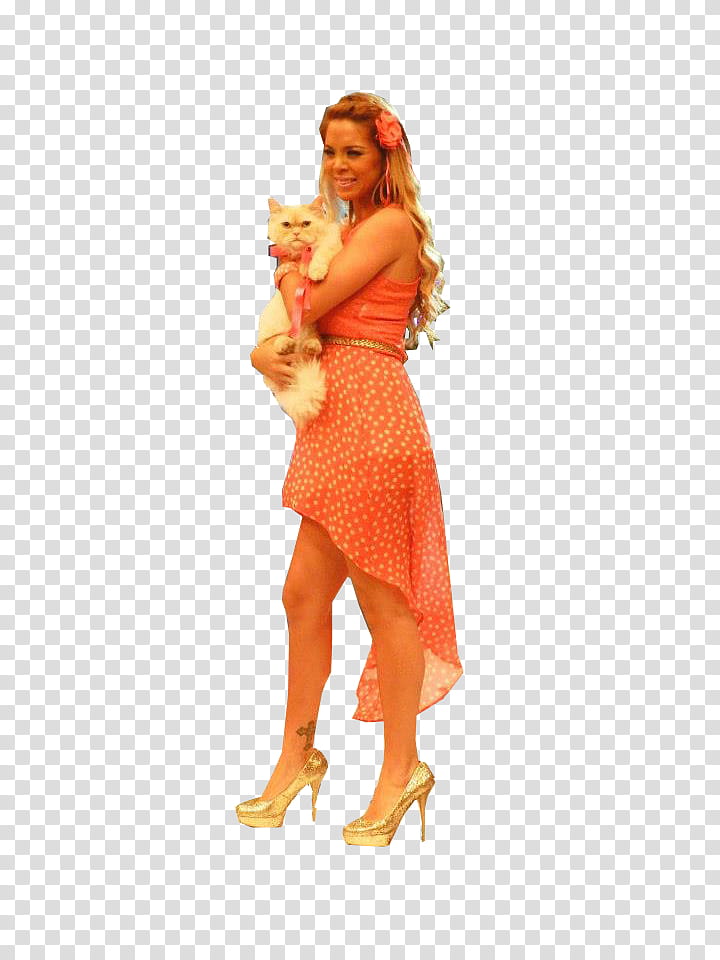 Sheyla Rojas , woman in an orange dress with white chihuahua transparent background PNG clipart