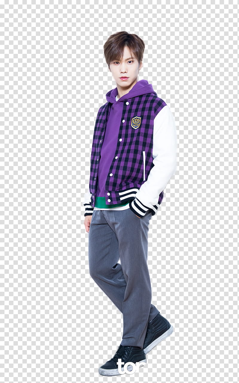 man wearing purple and white letterman jacket and gray pants transparent background PNG clipart