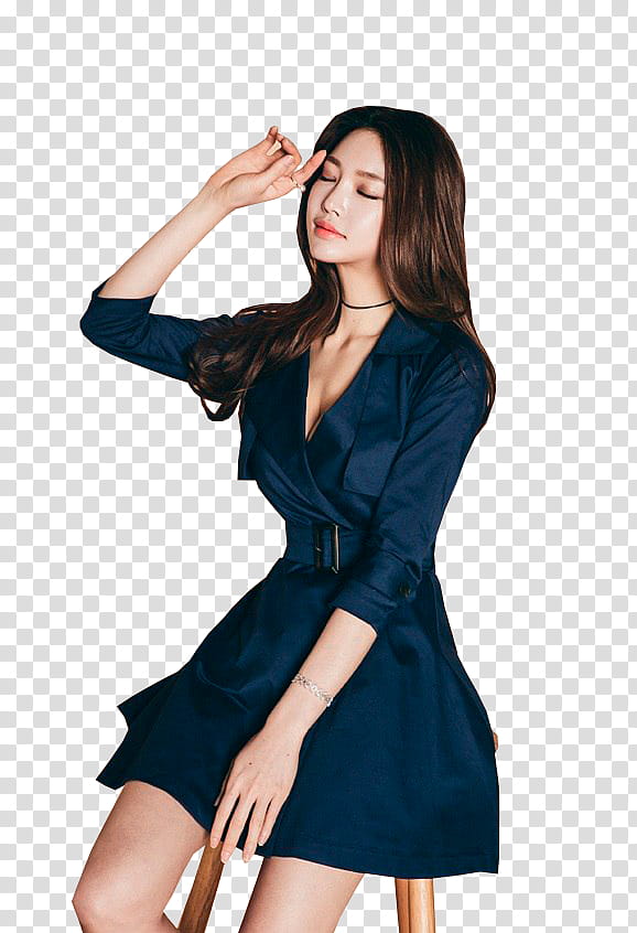 PARK JUNG YOON, woman in black V-neck long-sleeved mini dress touching her eyebrow transparent background PNG clipart