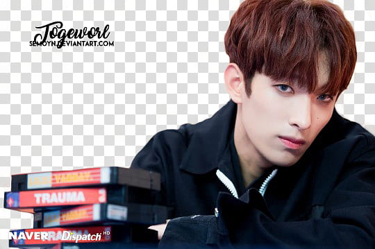 SEVENTEEN CLAP ERA, man in black collared top behind books with text overlay transparent background PNG clipart