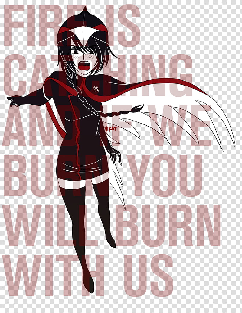 Hunger Games Mockingjay If we burn, female anime character wearing black and red dress and boots with text overlay transparent background PNG clipart