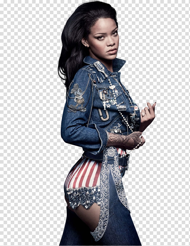 Rihanna, woman wearing blue denim jacket transparent background PNG clipart